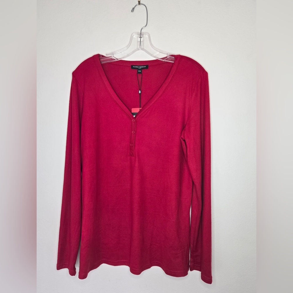 Mario Serrani Red Henley Knit Top NWT Size Medium | Soft Stretch Long Sleeve
